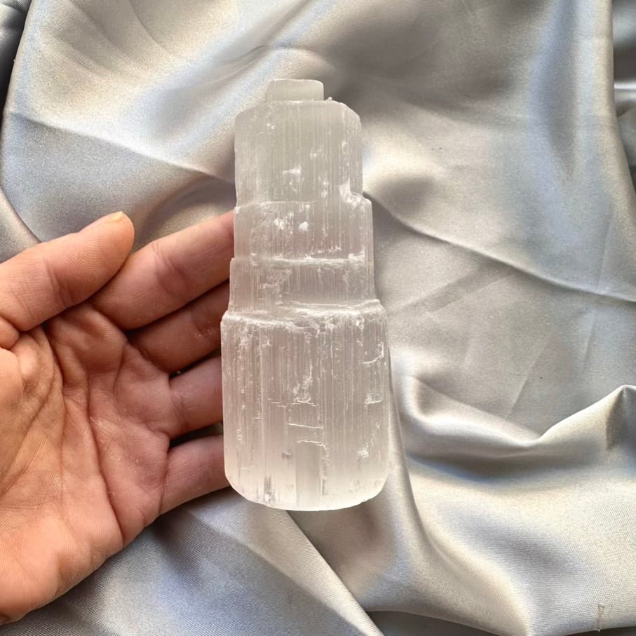 Selenite Tower - 10 cm Natural Crystal, Cleansing & Energy Purification - FairyGardenGlow