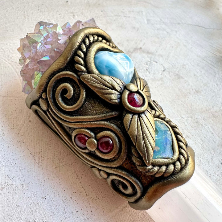 Natural gemstone and crystal wand handcrafted with Selenite, Spirit Quartz and Ethiopian Opal.