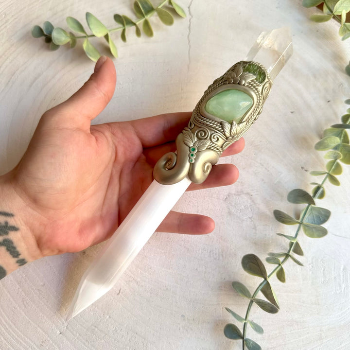 Handmade Selenite crystal wand featuring Clear Quartz, Prehnite, Moldavite and Emerald.