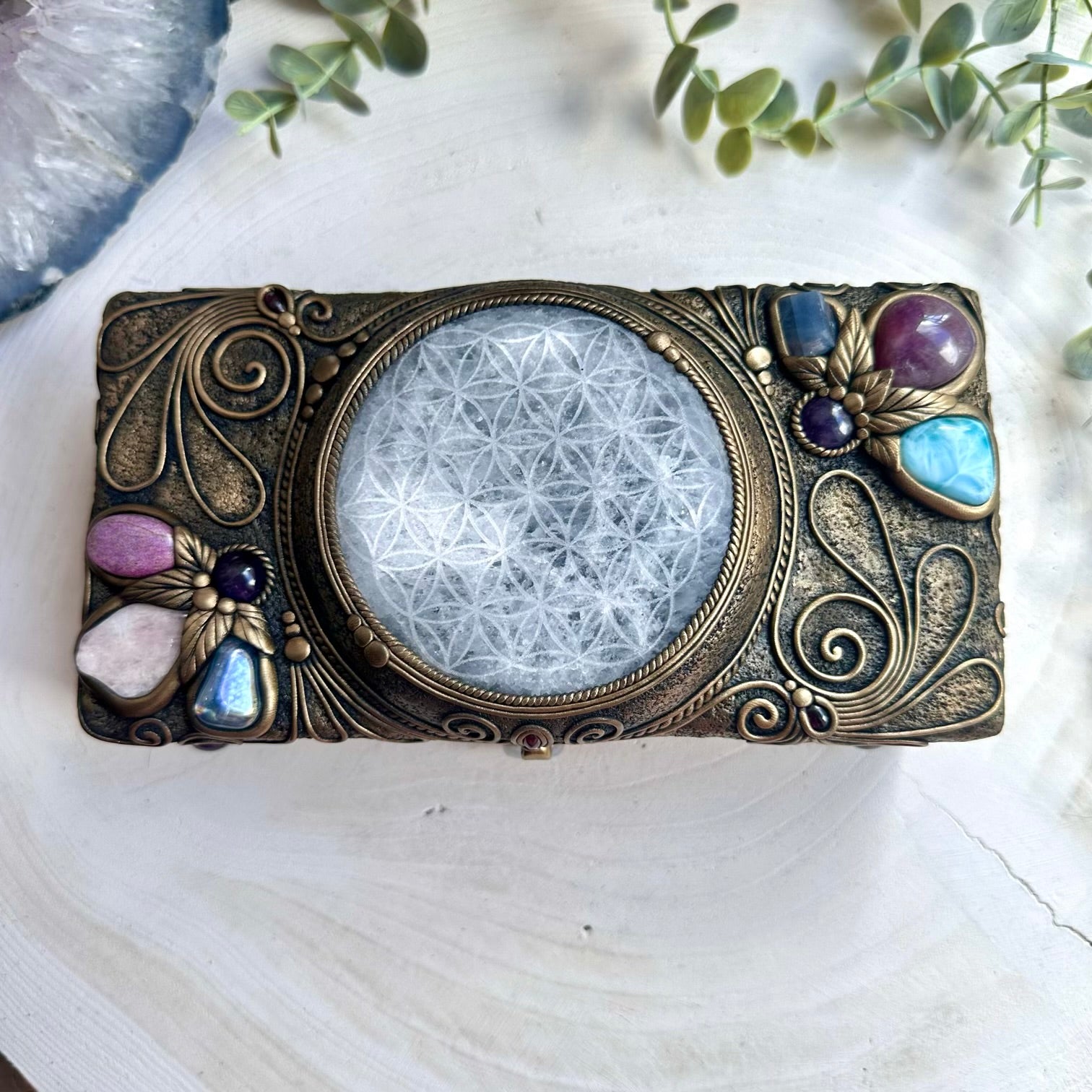 Crystal decorated wooden box with curved selenite, morganite, and aqua aura quartz gemstones