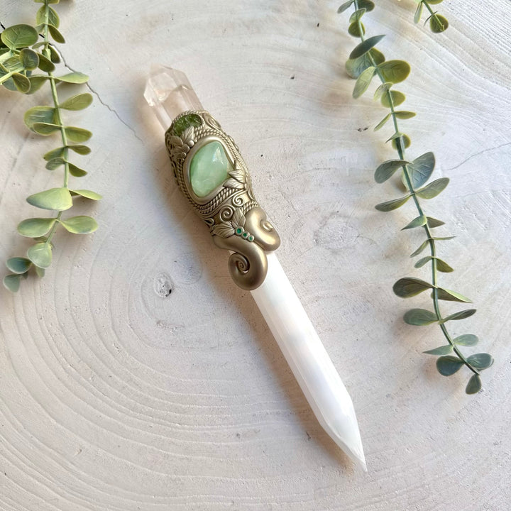 Selenite Crystal Wand with Clear Quartz, Prehnite, Moldavite and Emerald, handmade healing crystal wand.