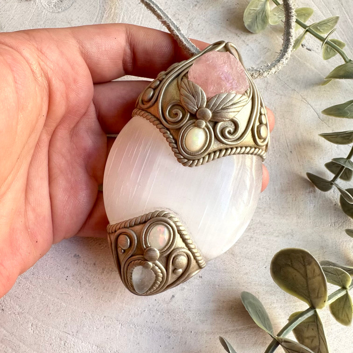 A unique handmade crystal necklace for meditation, energy work, intention setting, spiritual rituals with Selenite with Raw Morganite, Clear Topaz and Ethiopian Opal.