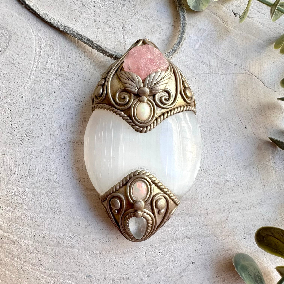 Spiritual gemstone jewelry handcrafted with Selenite, Morganite, Clear Topaz and Ethiopian Opal.