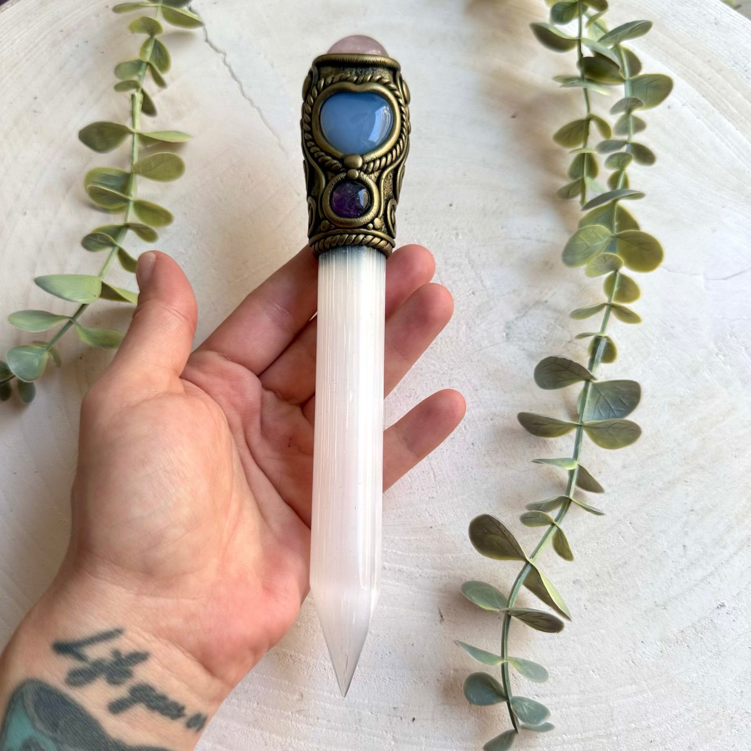 Natural gemstone and crystal wand handcrafted with Selenite, Rose Quartz and Blue Chalcedony.