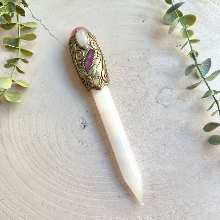Spiritual healing crystal wand featuring Selenite with Watermelon Tourmaline, Ethiopian Opal and Ruby accents.