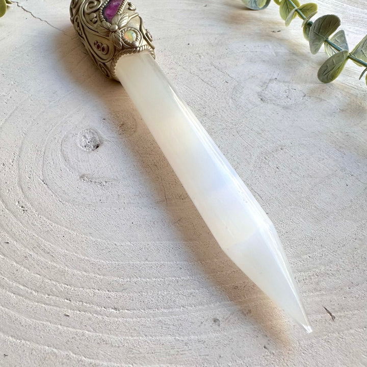 One of a kind Selenite crystal wand featuring colorful gemstones for meditation and energy work.