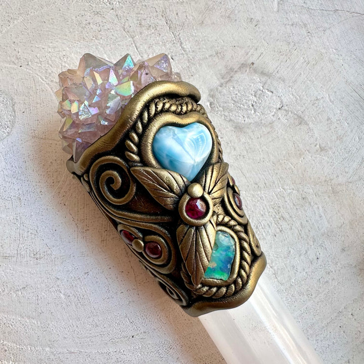 Wiccan energy healing wand featuring luminous Selenite, blue Larimar and deep red Rhodolite Garnet.