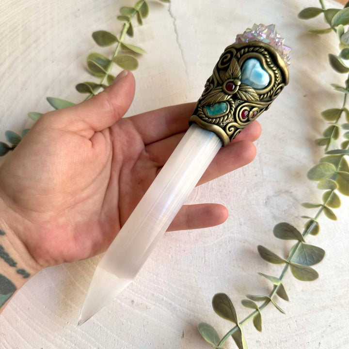 Handmade Selenite crystal wand with Angel Aura Spirit Quartz, Ethiopian Opal, Larimar Heart and Rhodolite Garnet.
