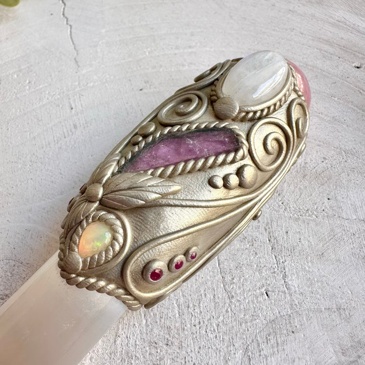 Natural gemstone crystal tool handcrafted with Selenite, Rose Quartz, Moonstone and Ruby.