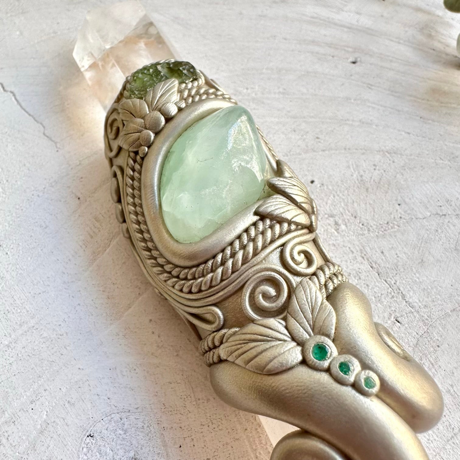 Natural Selenite crystal wand with Clear Quartz, Prehnite and Emerald accents.