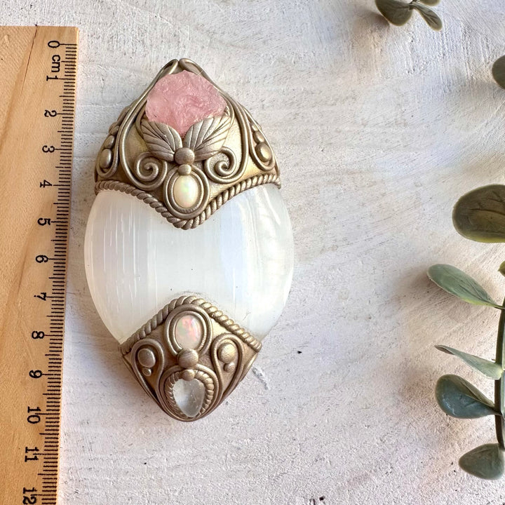 Handmade Selenite pendant necklace featuring Raw Morganite, Clear Topaz and Ethiopian Opal.