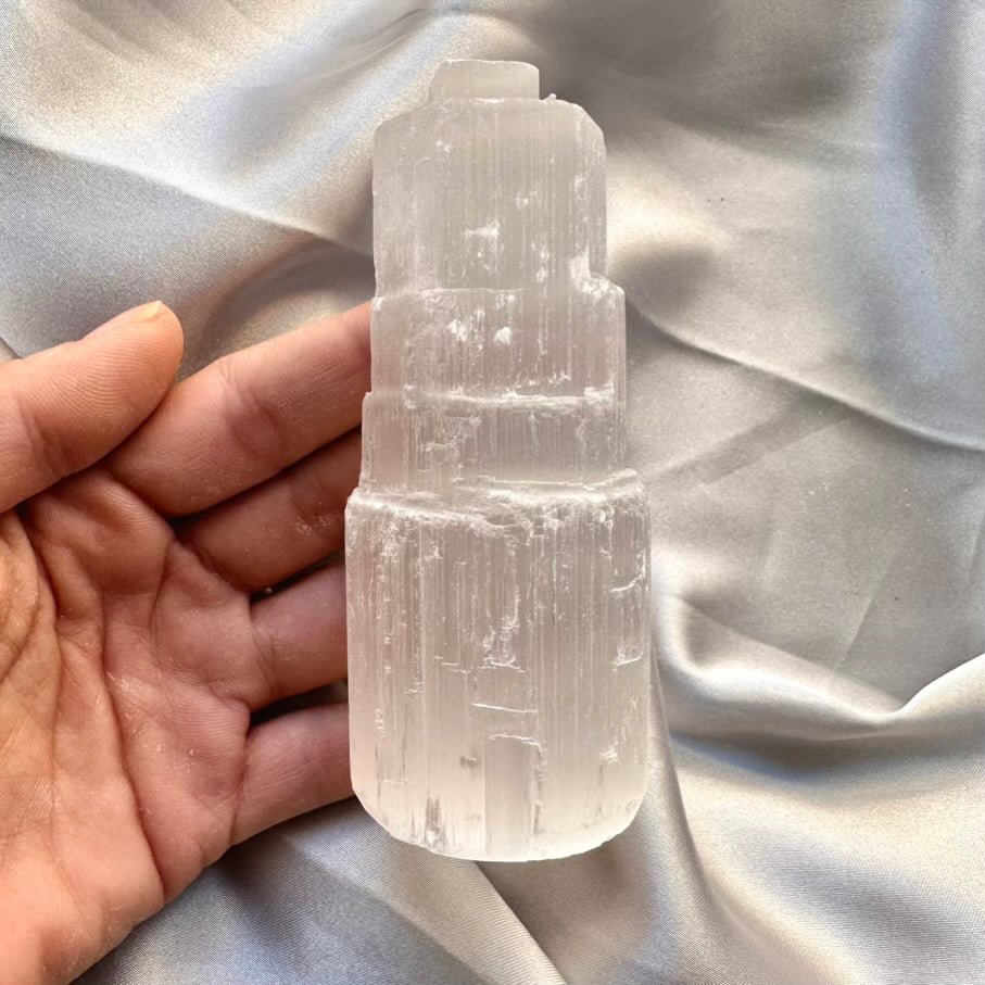 Selenite Tower - 10 cm Natural Crystal, Cleansing & Energy Purification - FairyGardenGlow