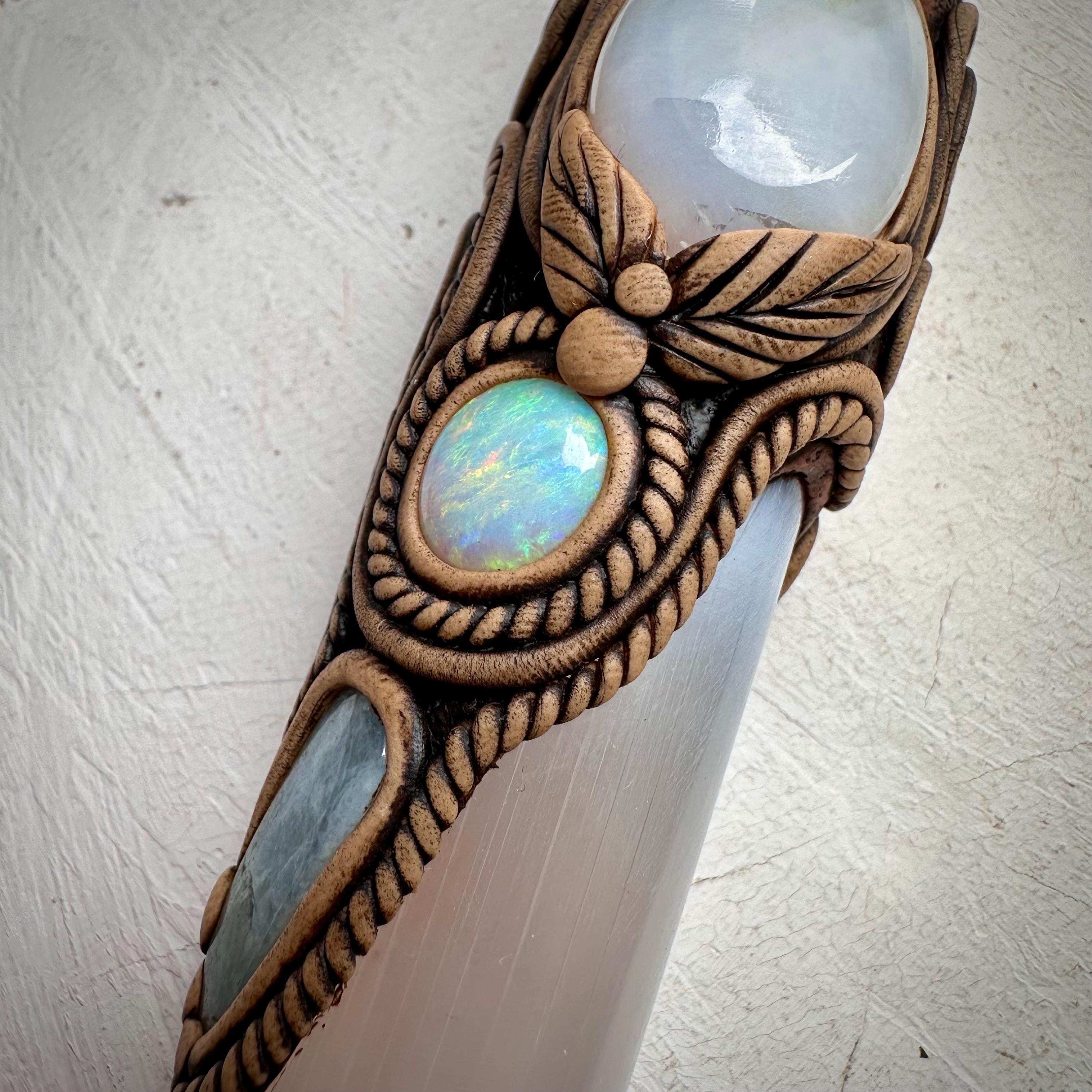 Selenite Wand, Aqua Aura Quartz Rainbow Moonstone Australian Opal Aquamarine Crystal Wand - FairyGardenGlow