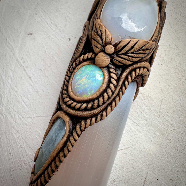 Selenite Wand, Aqua Aura Quartz Rainbow Moonstone Australian Opal Aquamarine Crystal Wand - FairyGardenGlow