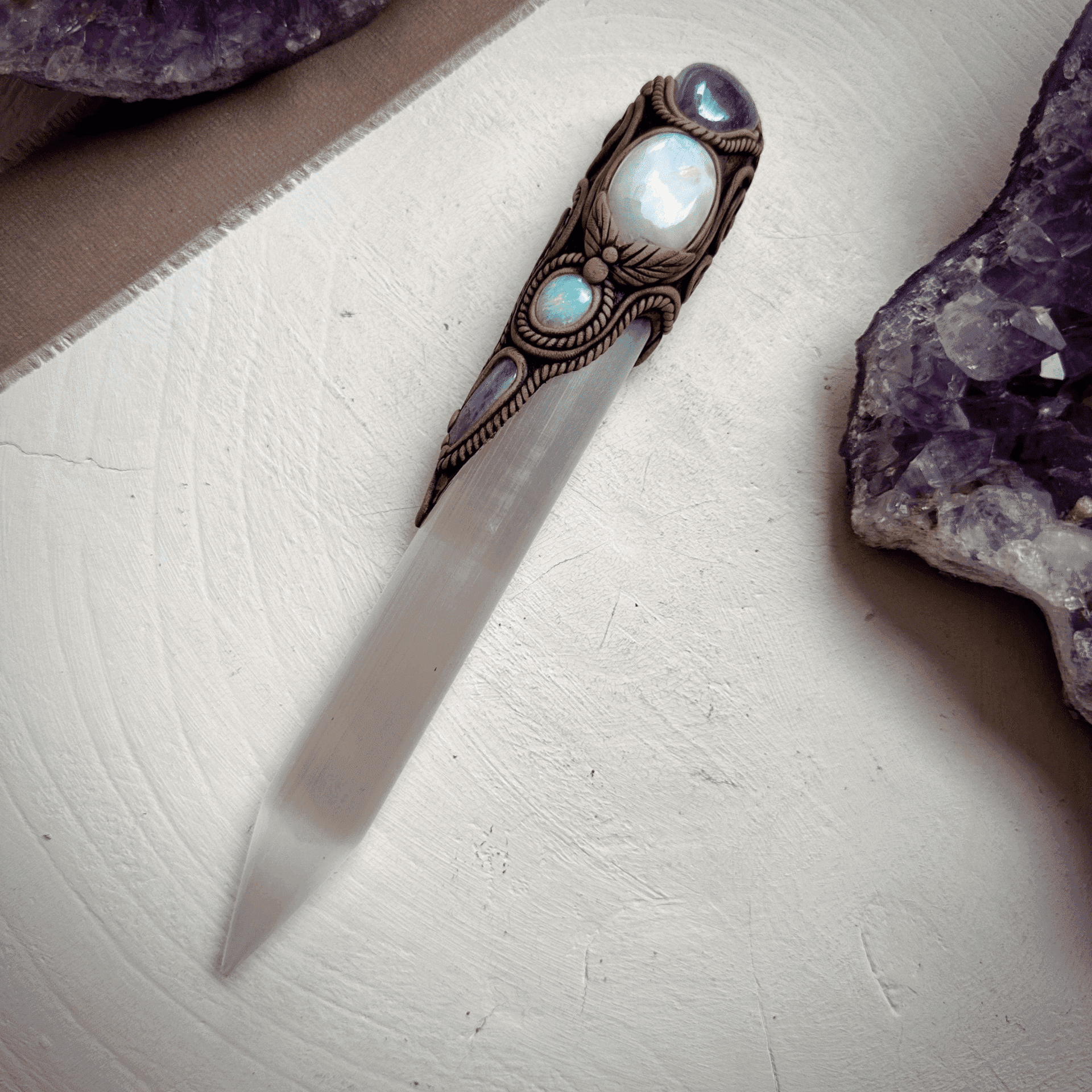 Selenite Wand, Aqua Aura Quartz Rainbow Moonstone Australian Opal Aquamarine Crystal Wand - FairyGardenGlow