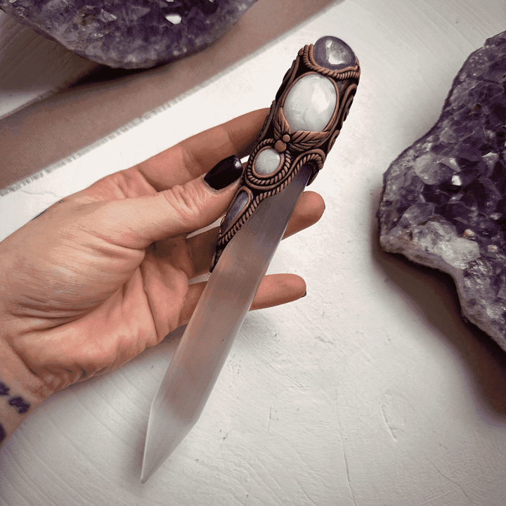 Selenite Wand, Aqua Aura Quartz Rainbow Moonstone Australian Opal Aquamarine Crystal Wand - FairyGardenGlow
