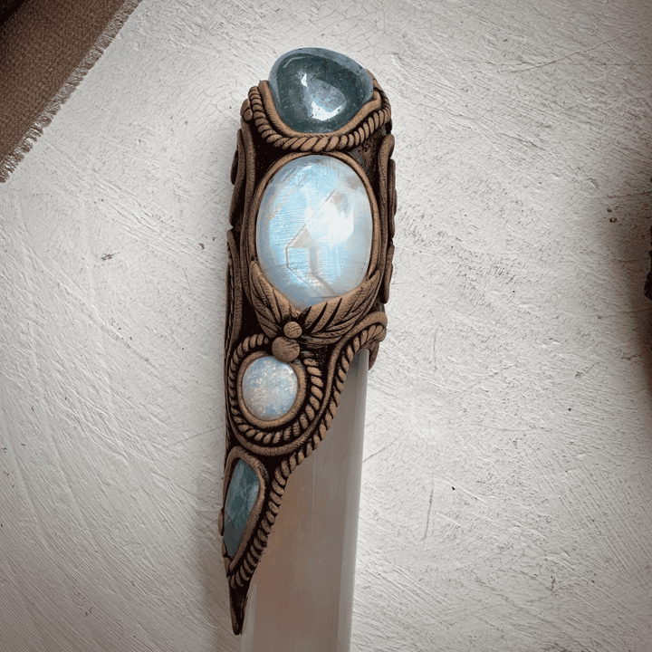 Selenite Wand, Aqua Aura Quartz Rainbow Moonstone Australian Opal Aquamarine Crystal Wand - FairyGardenGlow