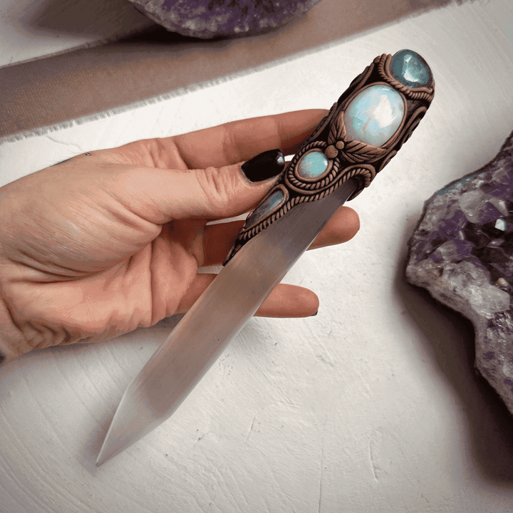 Selenite Wand, Aqua Aura Quartz Rainbow Moonstone Australian Opal Aquamarine Crystal Wand - FairyGardenGlow