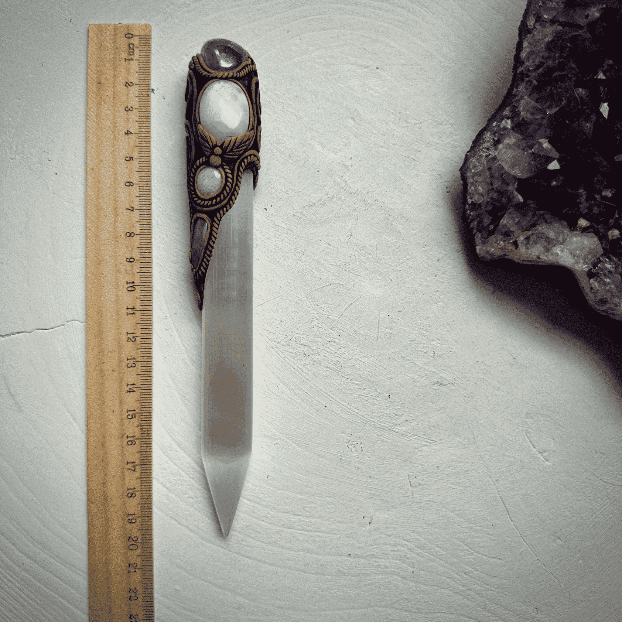Selenite Wand, Aqua Aura Quartz Rainbow Moonstone Australian Opal Aquamarine Crystal Wand - FairyGardenGlow