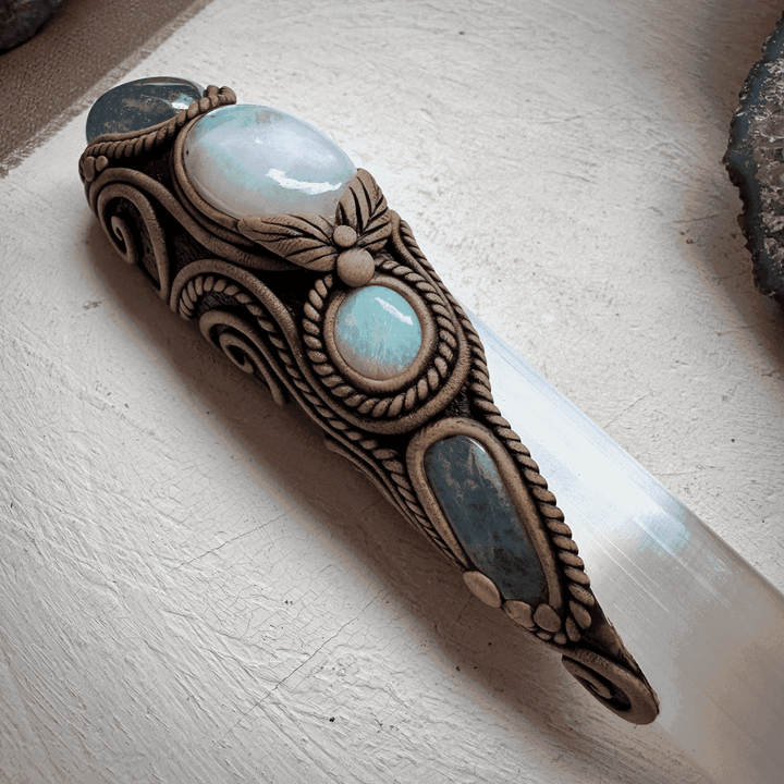 Selenite Wand, Aqua Aura Quartz Rainbow Moonstone Australian Opal Aquamarine Crystal Wand - FairyGardenGlow