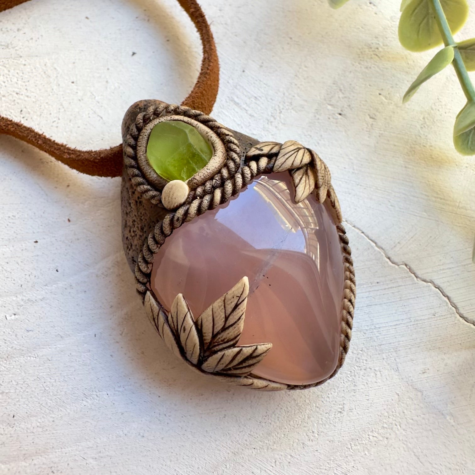 Feminine gemstone jewelry with pink chalcedony and peridot