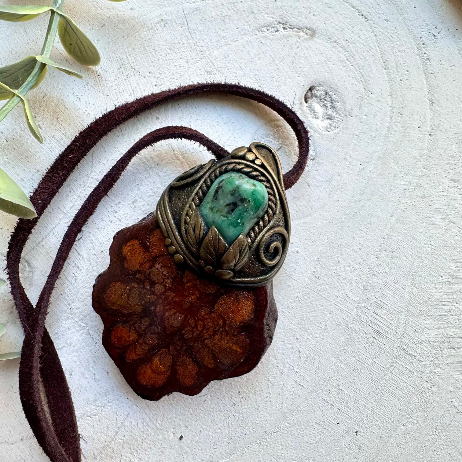 Healing gemstone unisex shamanic necklace with emerald and ayahuasca