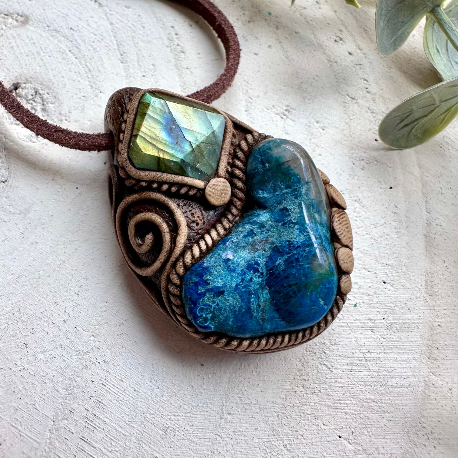 Natural gemstone necklace with shattuckite and labradorite