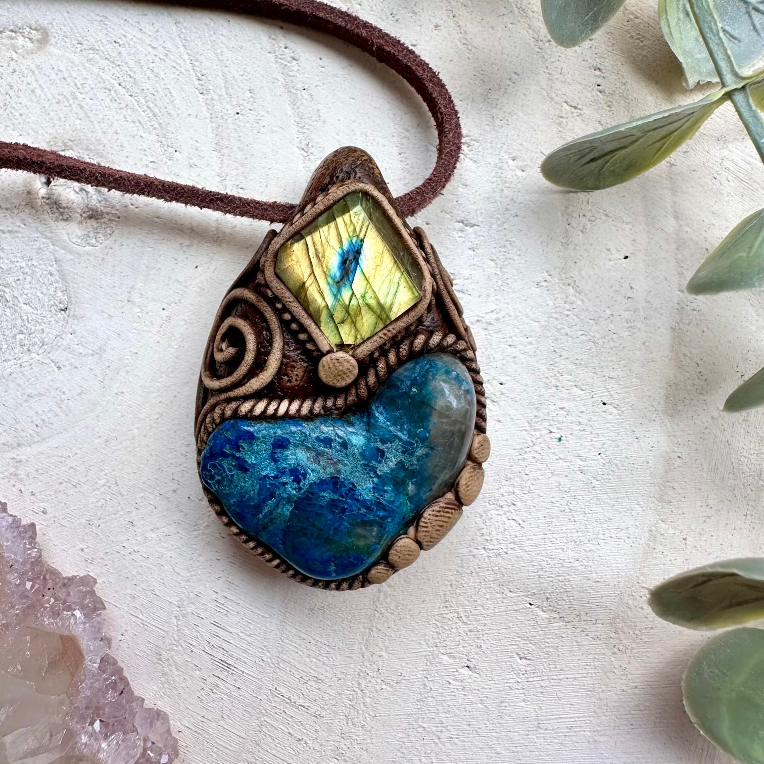 Shattuckite and labradorite pendant necklace