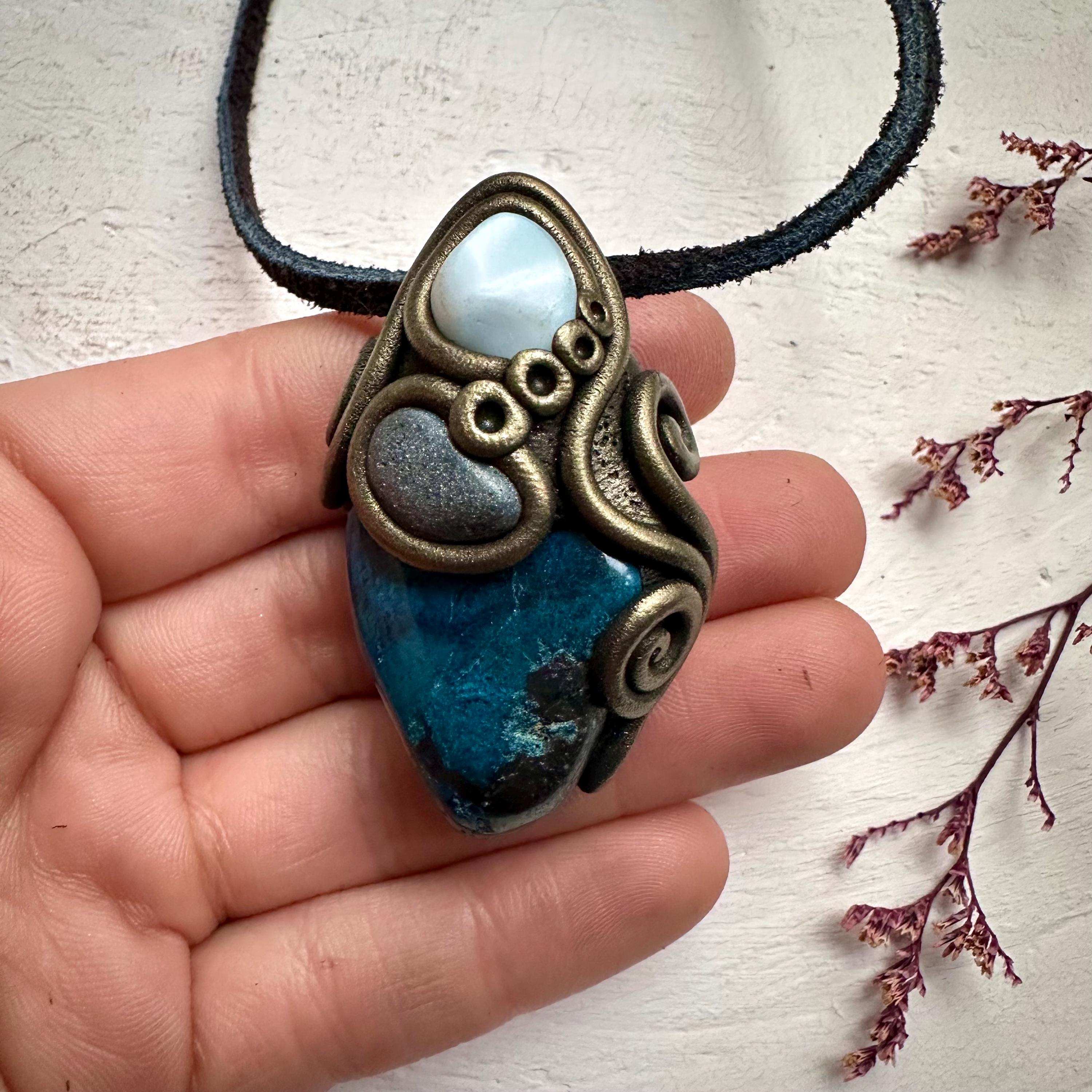 Shattuckite Larimar and Hematite Necklace - FairyGardenGlow