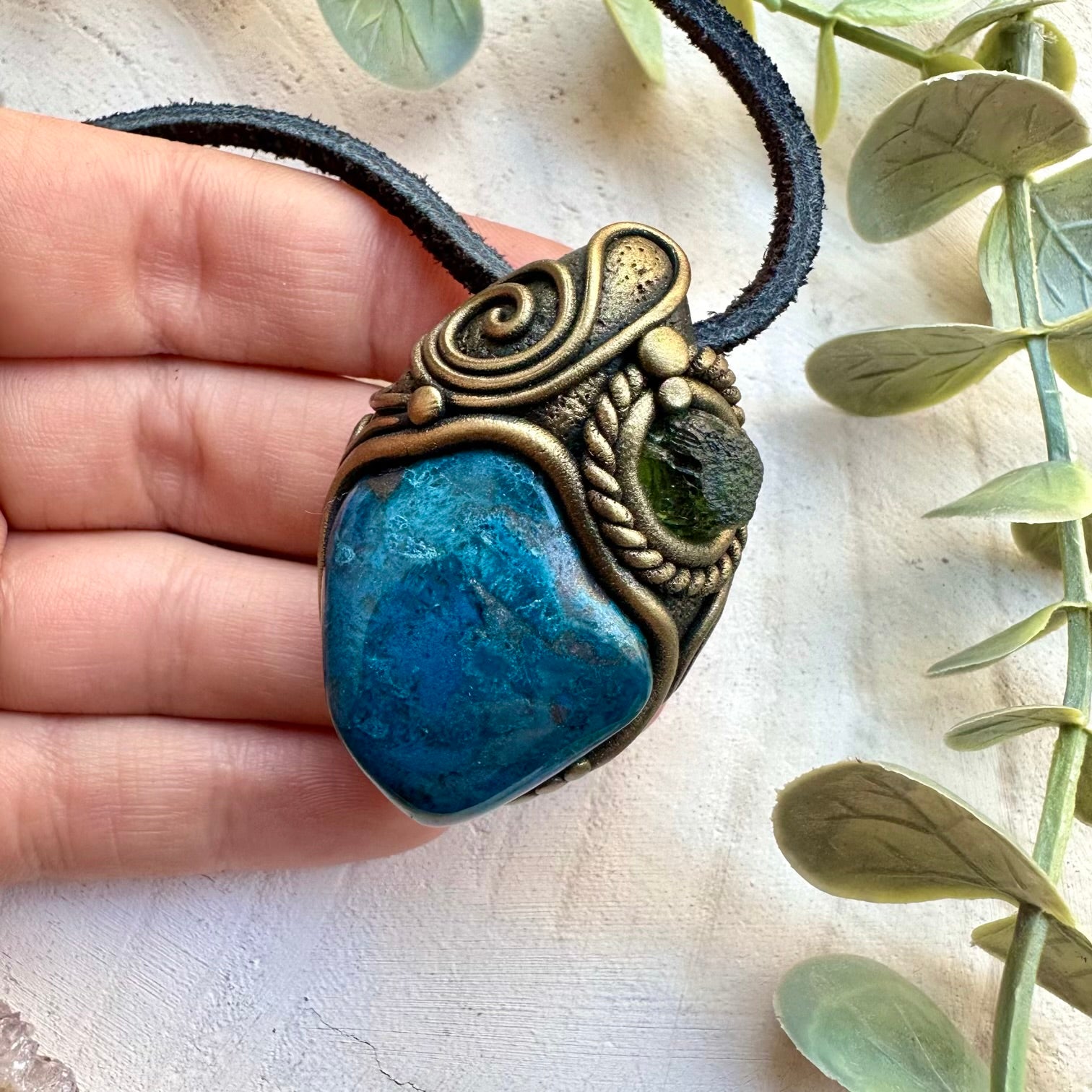 Shattuckite and moldavite unisex handmade pendant necklace