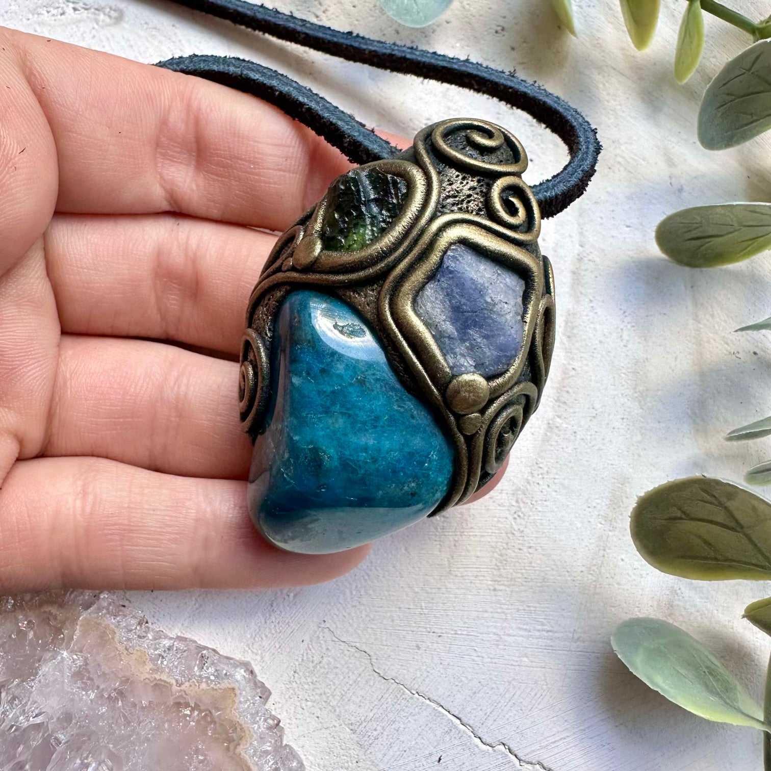 Shattuckite moldavite and raw tanzanite unisex pendant necklace