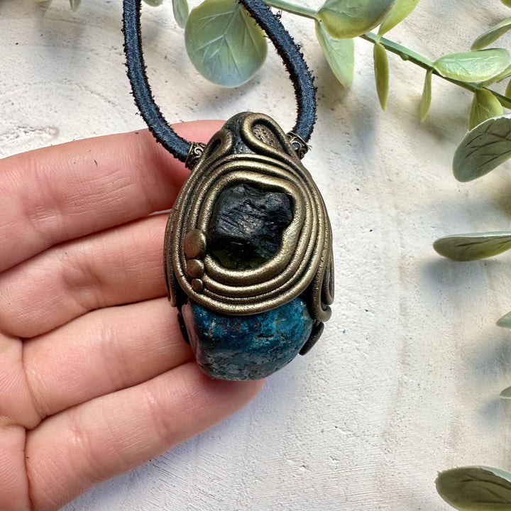 Shattuckite and raw moldavite pendant necklace handmade stone jewelry