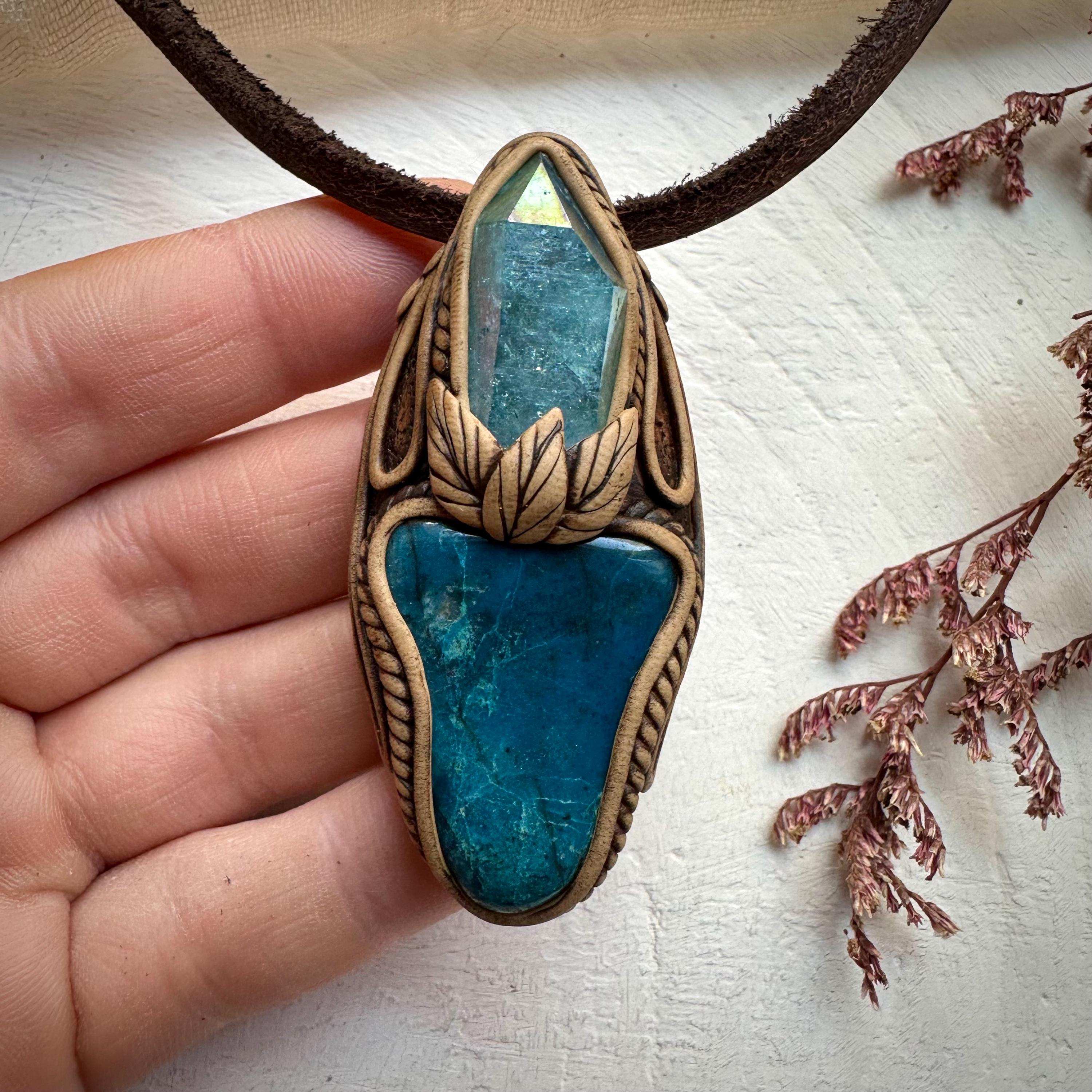 Shattuckite and Aqua Aura Quartz Pendant Necklace - FairyGardenGlow