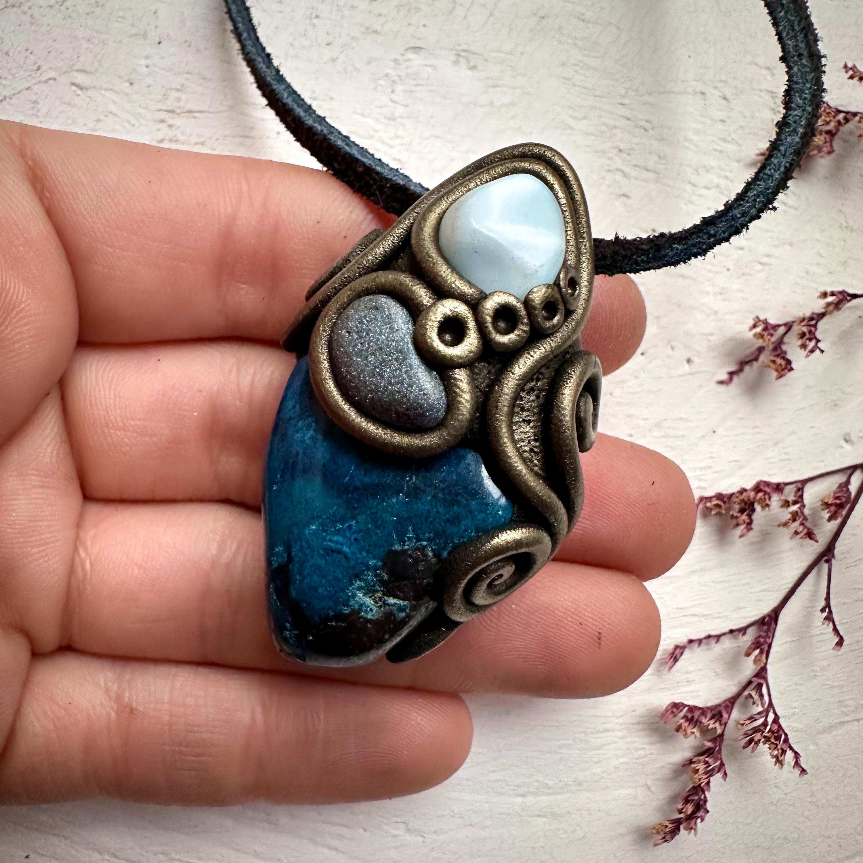 Shattuckite Larimar and Hematite Necklace - FairyGardenGlow