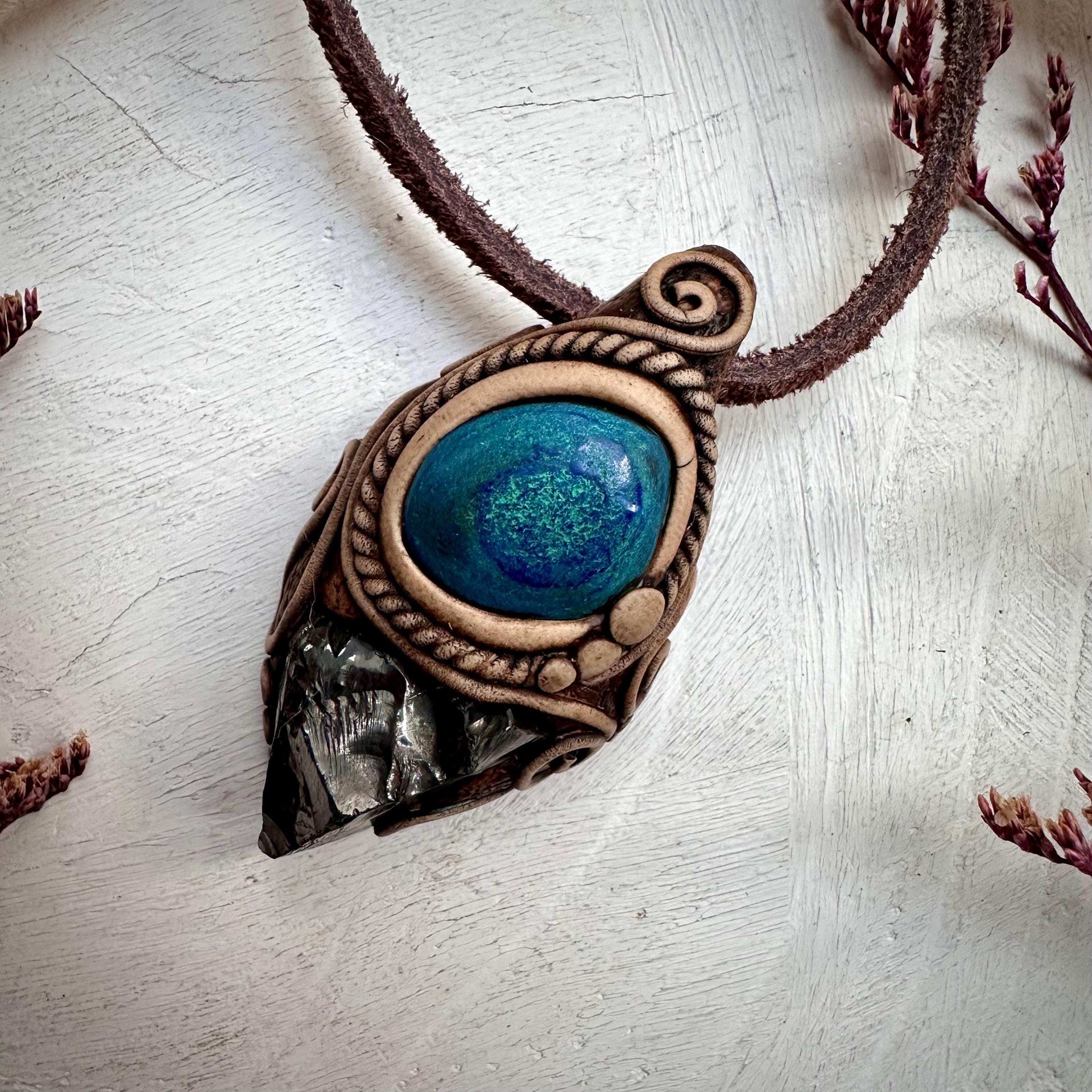 Shungite and Azurite Malachite Pendant Necklace - FairyGardenGlow