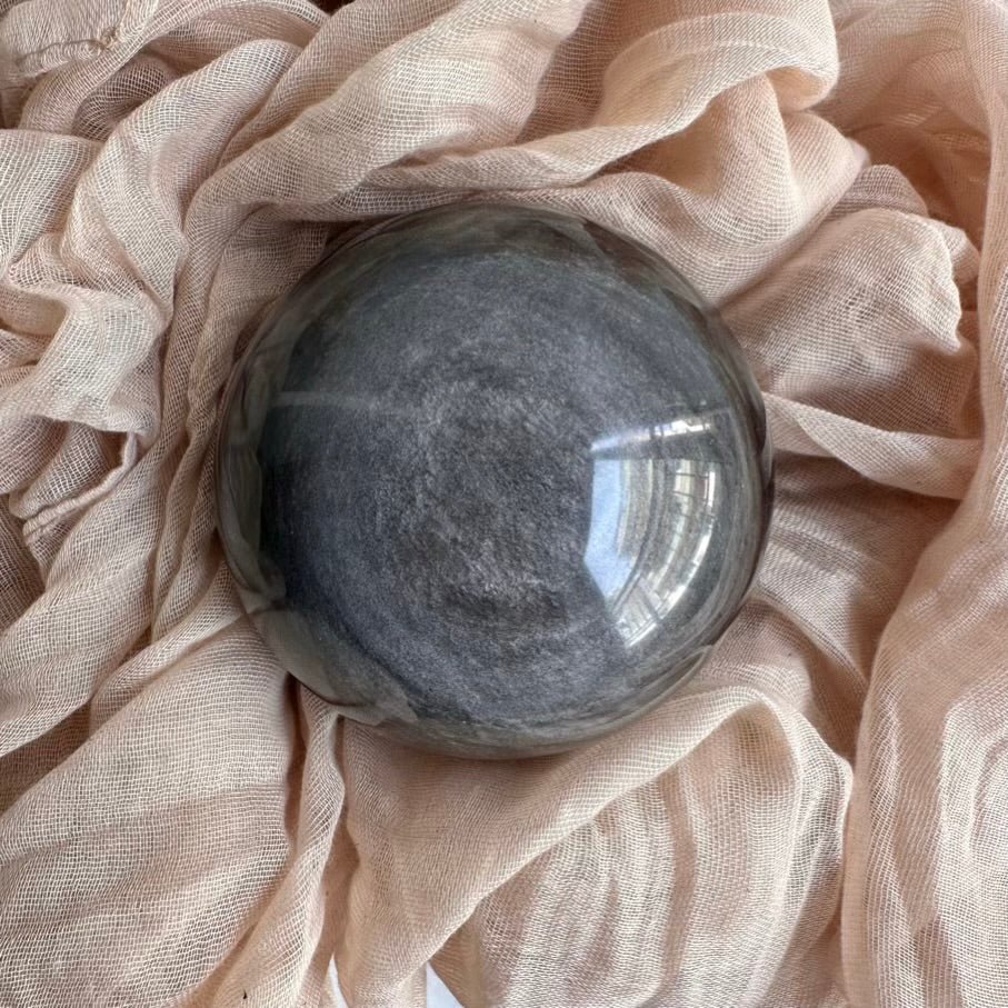 Obsidian Sphere – Natural Silver Obsidian Crystal Ball (9 cm) for Protection, Grounding & Energy Shielding - FairyGardenGlow