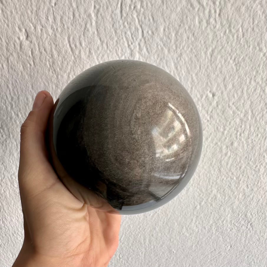 Obsidian Sphere – Natural Silver Obsidian Crystal Ball (9 cm) for Protection, Grounding & Energy Shielding - FairyGardenGlow