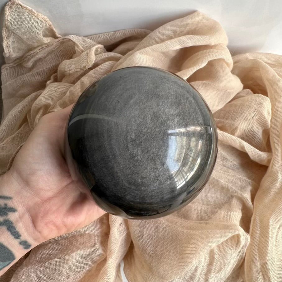 Obsidian Sphere – Natural Silver Obsidian Crystal Ball (9 cm) for Protection, Grounding & Energy Shielding - FairyGardenGlow