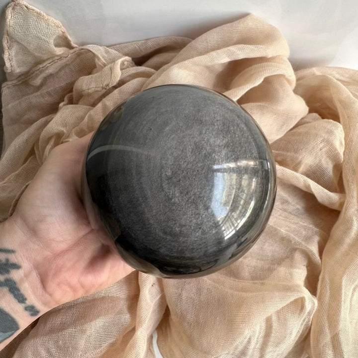 Obsidian Sphere – Natural Silver Obsidian Crystal Ball (9 cm) for Protection, Grounding & Energy Shielding - FairyGardenGlow