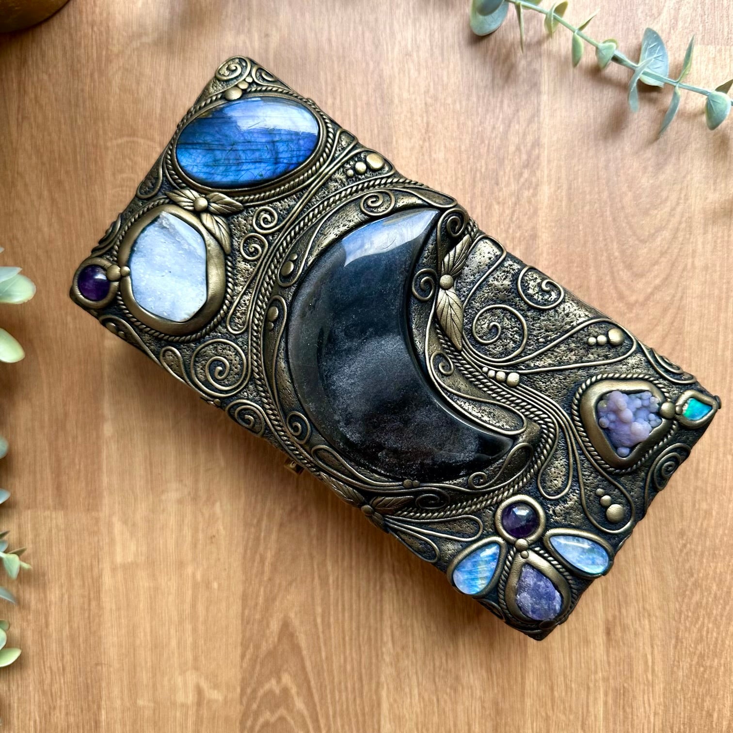 One of a kind wooden crystal box with silver sheen obsidian moon and blue labradorite