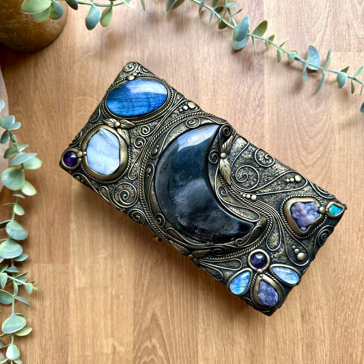 Handmade spiritual home decor box with labradorite moonstone and opal crystals