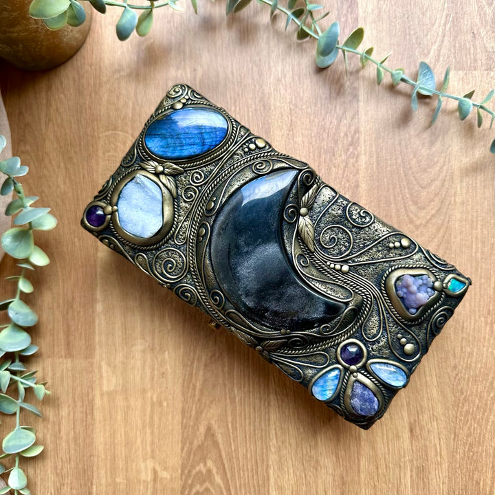 Handmade spiritual home decor box with labradorite moonstone and opal crystals