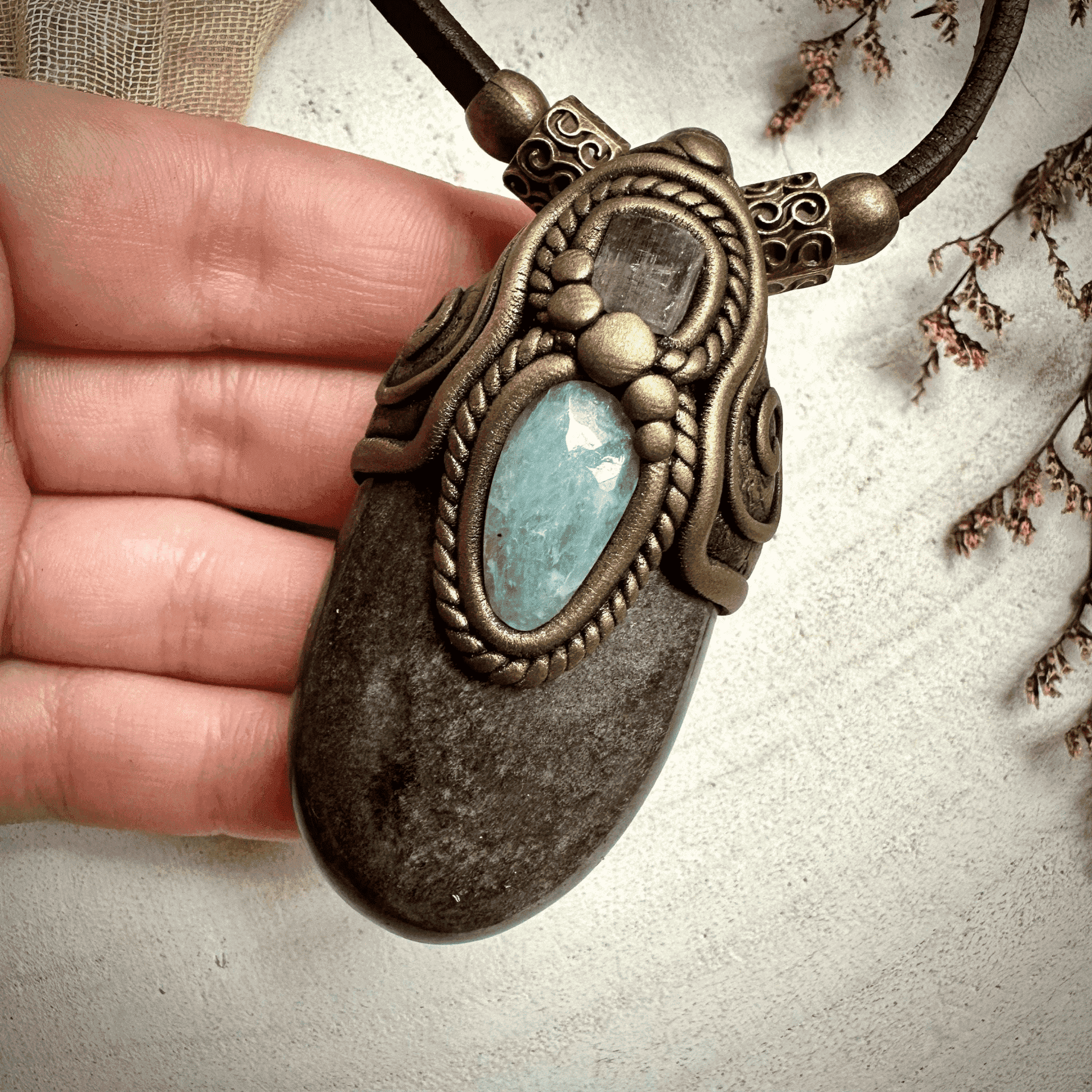 Silver Obsidian Pink Tourmaline and Aquamarine Necklace - FairyGardenGlow