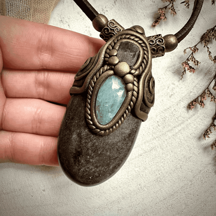 Silver Obsidian Pink Tourmaline and Aquamarine Necklace - FairyGardenGlow