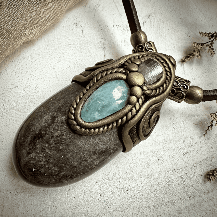 Silver Obsidian Pink Tourmaline and Aquamarine Necklace - FairyGardenGlow