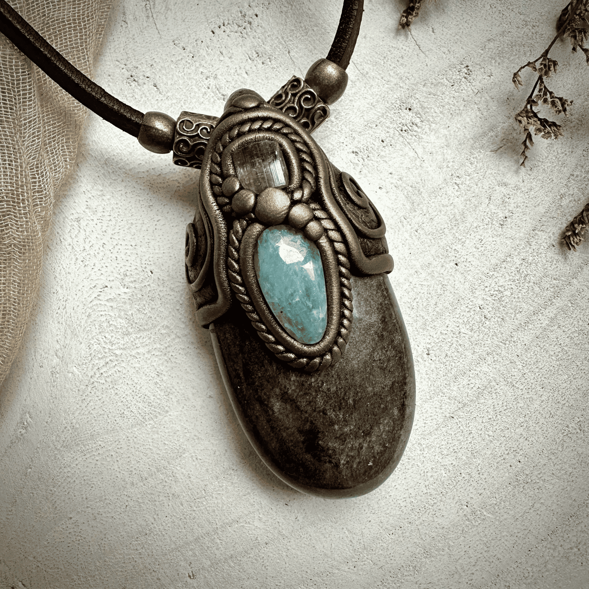 Silver Obsidian Pink Tourmaline and Aquamarine Necklace - FairyGardenGlow