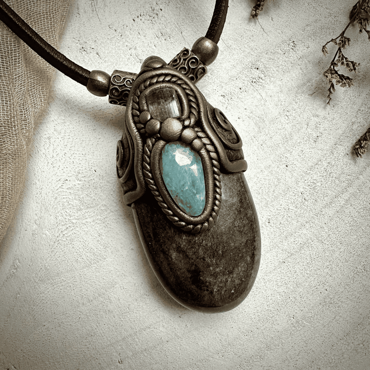 Silver Obsidian Pink Tourmaline and Aquamarine Necklace - FairyGardenGlow