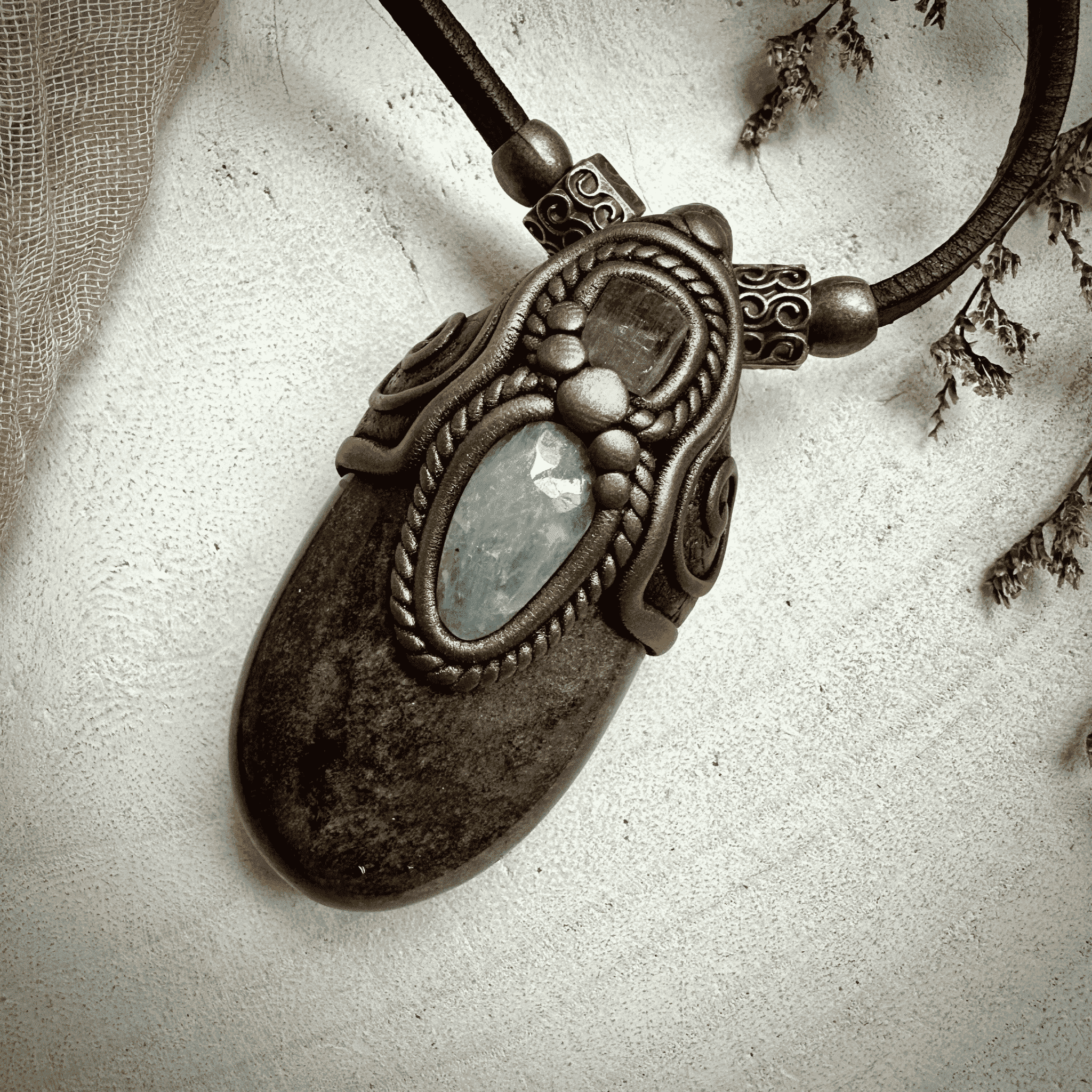 Silver Obsidian Pink Tourmaline and Aquamarine Necklace - FairyGardenGlow