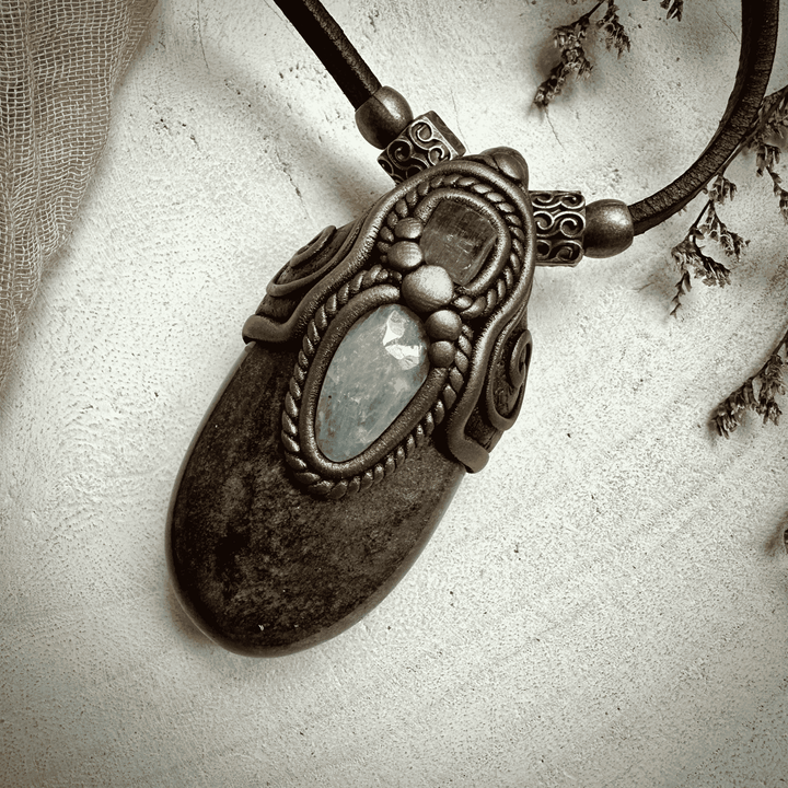 Silver Obsidian Pink Tourmaline and Aquamarine Necklace - FairyGardenGlow