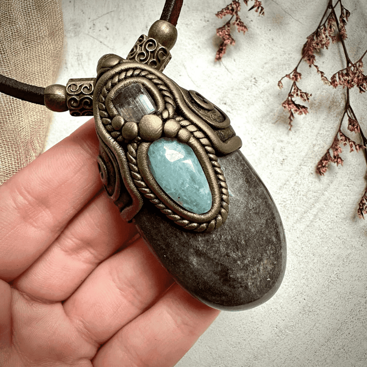 Silver Obsidian Pink Tourmaline and Aquamarine Necklace - FairyGardenGlow